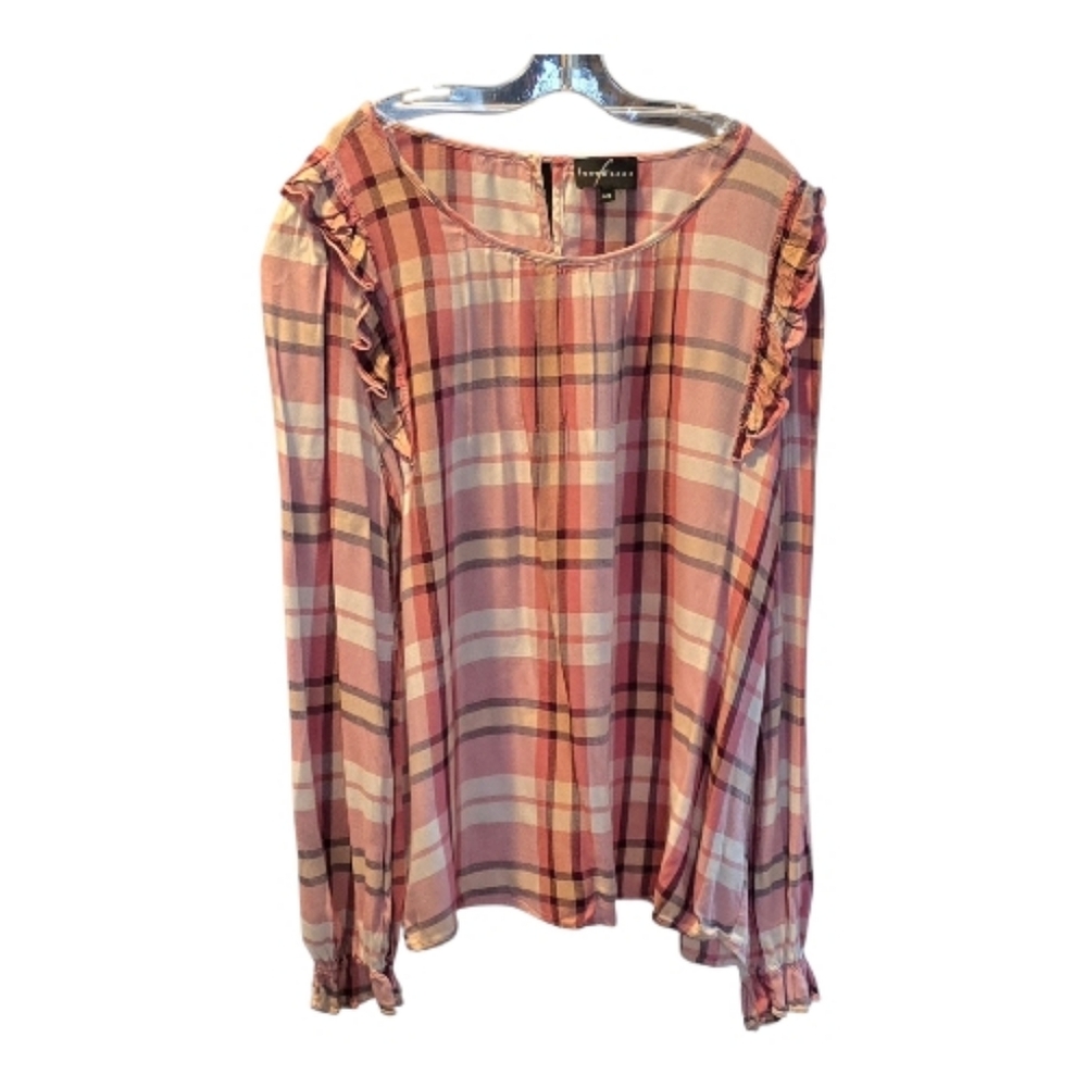 Fenofmenon Pink Plaid Ruffle-Trim Long Sleeve Blouse